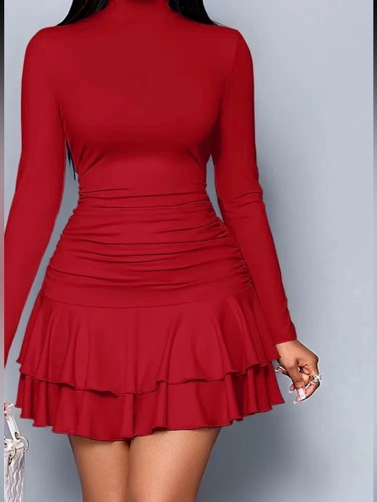 None Dresses & Skirts - Red Long-Sleeve Midi Dress with Ruffled Hem